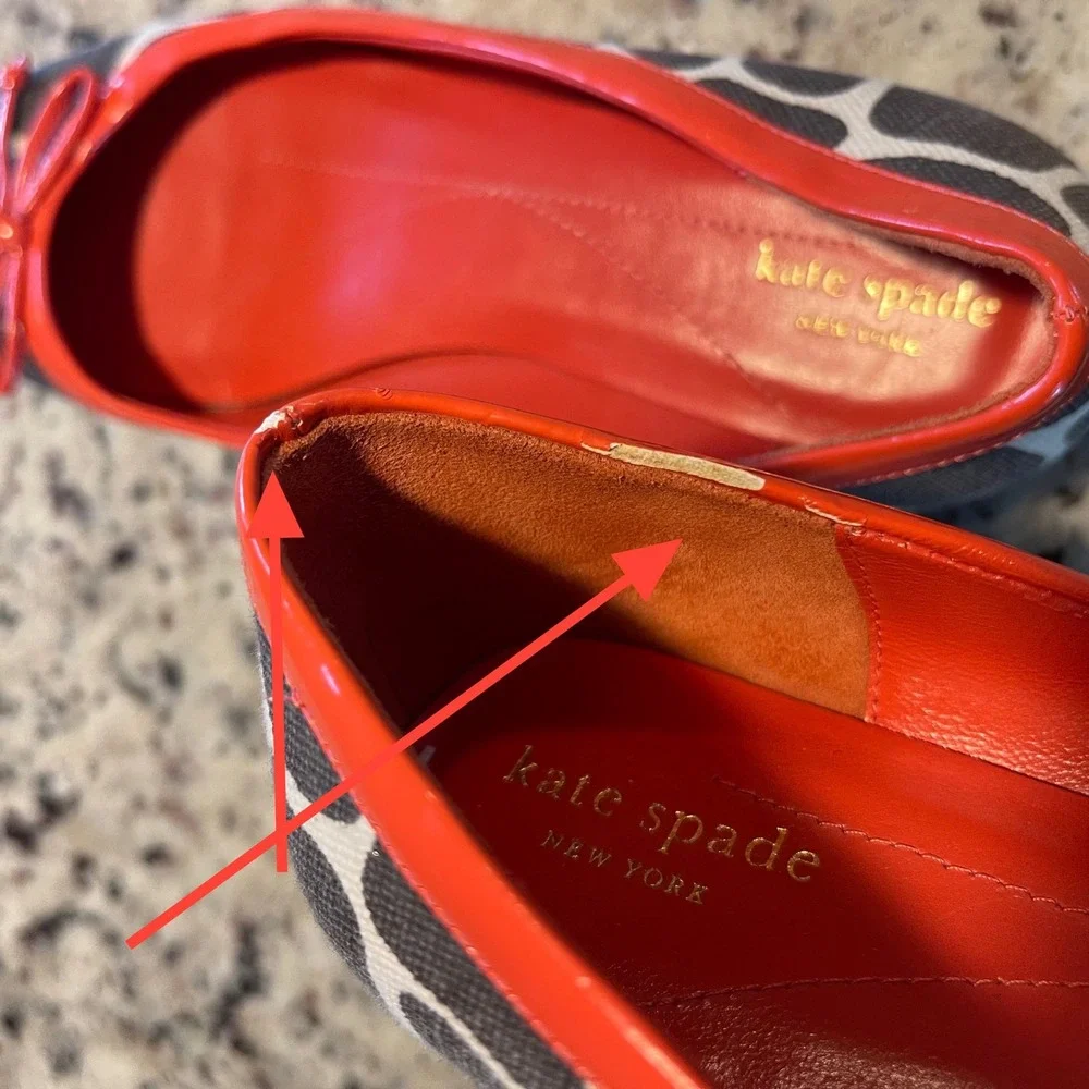 Kate Spade Giraffe Print Ballet Flats Womens 6.5M Red Orange Trim Bow Accents